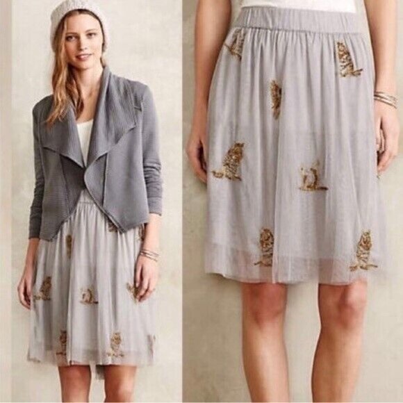 ANTHROPOLOGIE S Moulinette Soeurs Tulle Silver Beaded Critter Skirt Rare! $168US - Picture 1 of 11